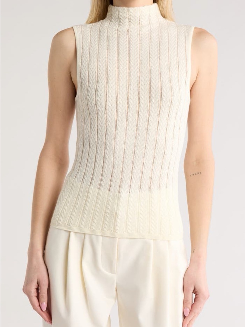 rag & bone  Krissy Wool Blend White Cable Sleeveless Mock Neck Sweater Top